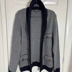 Men’s “Paisley & Gray” Deep Navy Blue and White Chevron Cardigan. Slim fit LRG